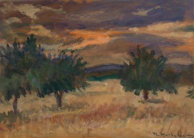 Olive Trees at Sunset — Oil painting, Fiberboard, 33.00×46.00cm — Theodoros Markellos